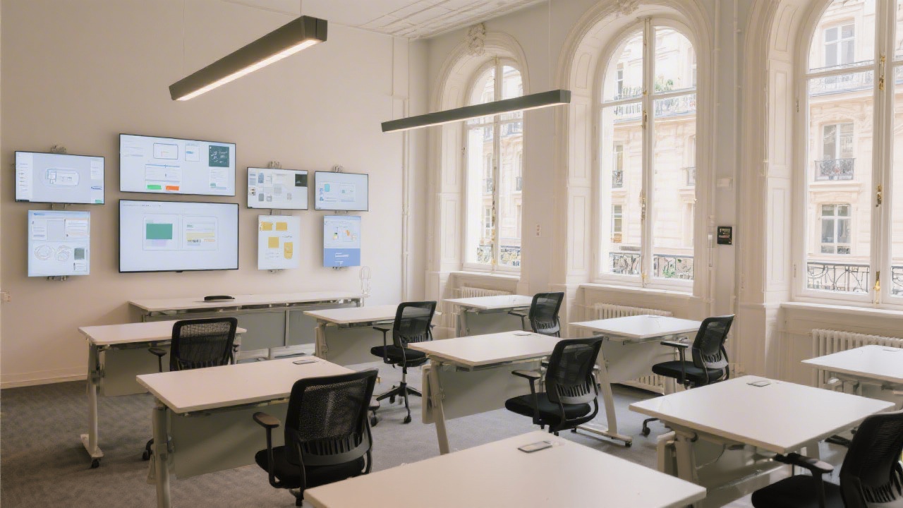 High quality photograph of a modern training studio with modular desks, wall-mounted displays showing interface prototypes, and soft natural light entering through large Haussmann windows in Paris