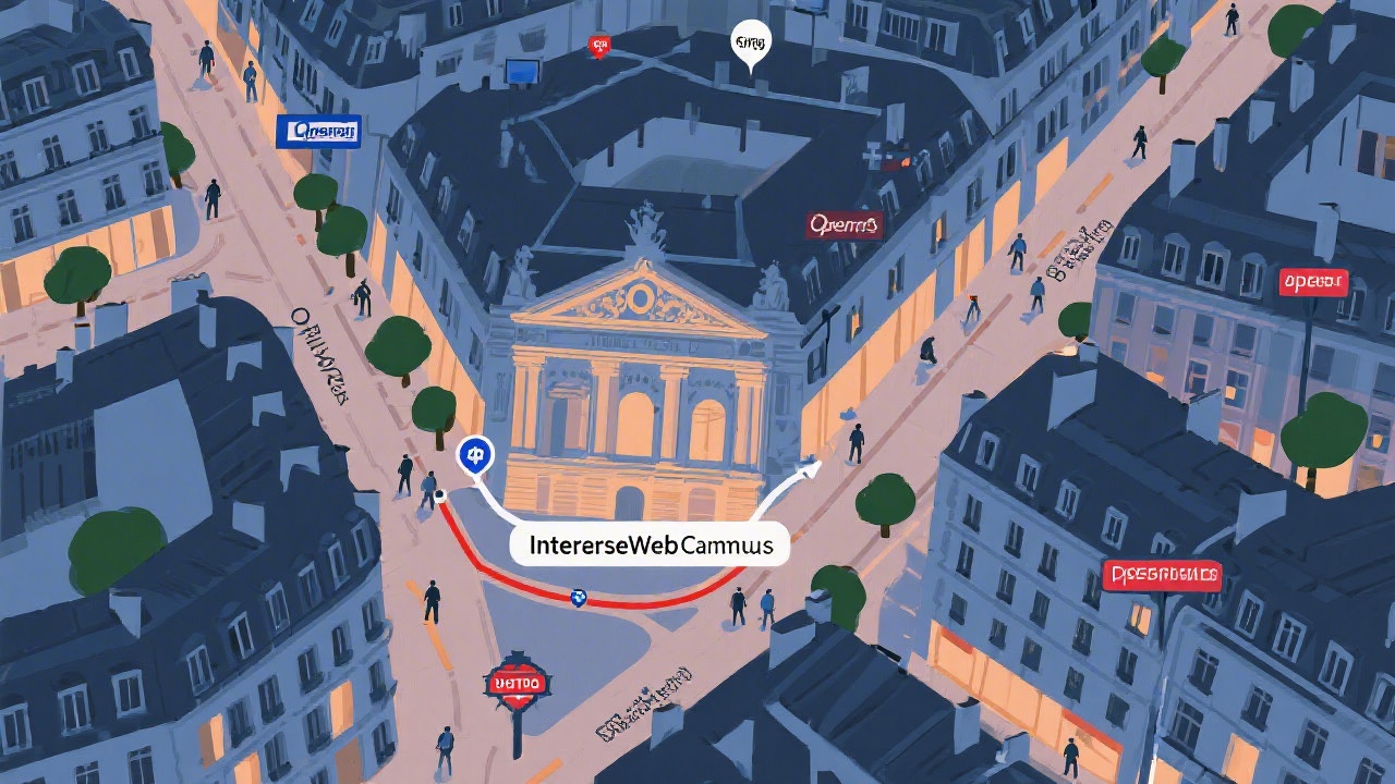 Stylized map highlighting the location of InterfaceWeb Campus near Opéra in Paris with nearby metro stations and walking paths illustrated