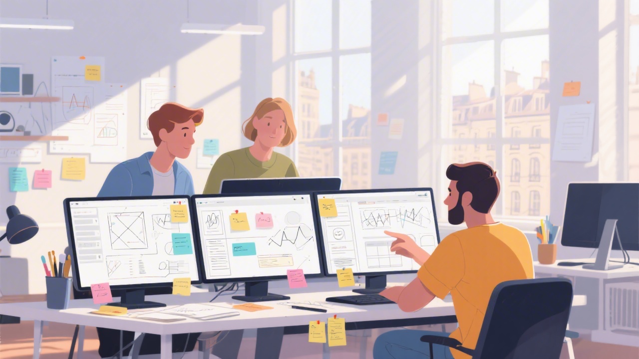 Contemporary flat illustration showing young designers collaborating around large monitors filled with wireframes, sticky notes, and interface prototypes inside a bright Parisian studio with sunlight entering through tall windows