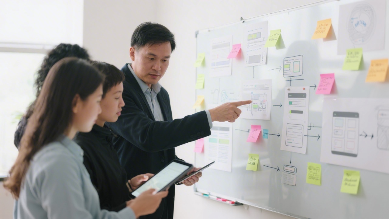 Professional photo of a mentor guiding two learners around a tablet displaying interface layouts while pointing at annotations on a whiteboard filled with sticky notes and flow diagrams