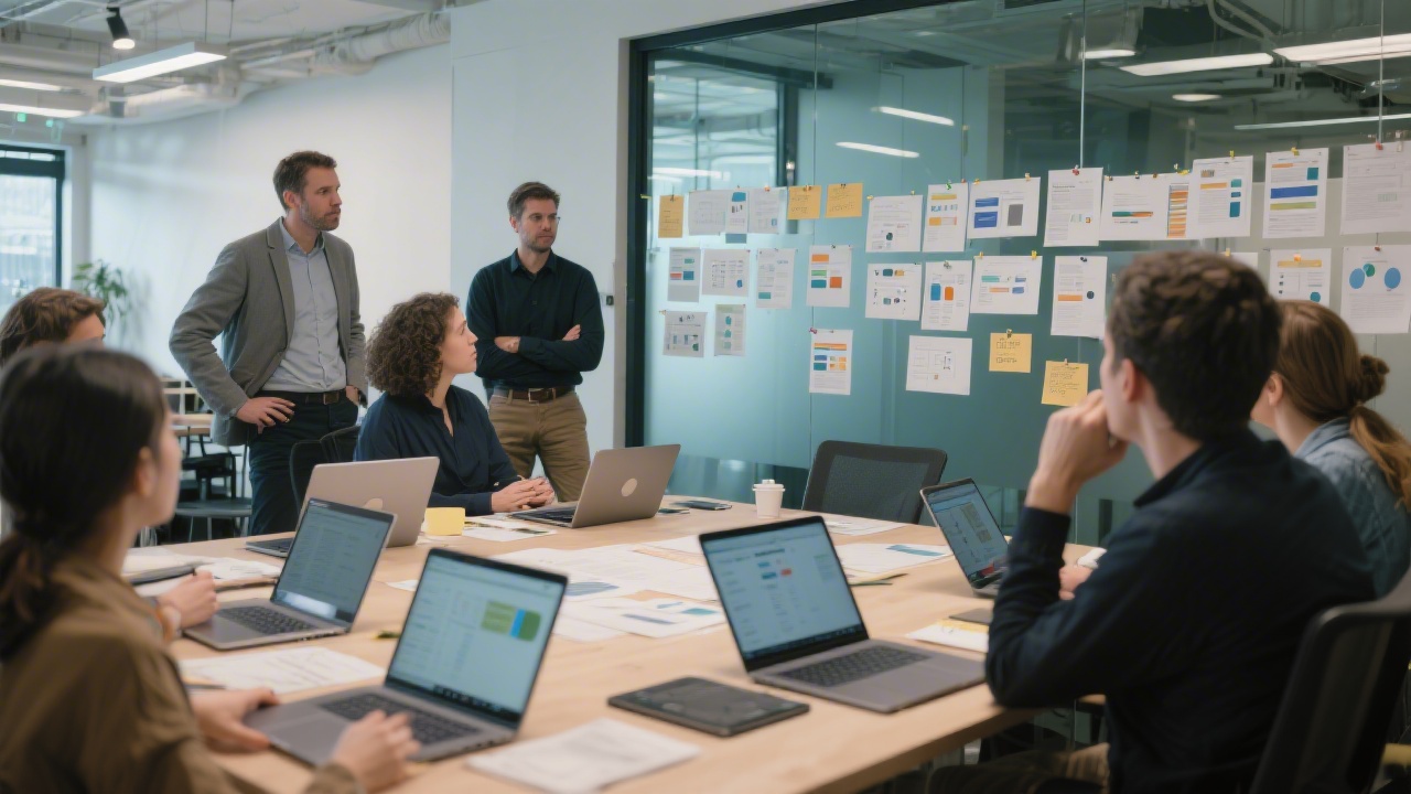 Wide photograph of a collaborative project workshop showing mentors observing participants iterating user interface mockups pinned across a glass wall with laptops and tablets open on the table