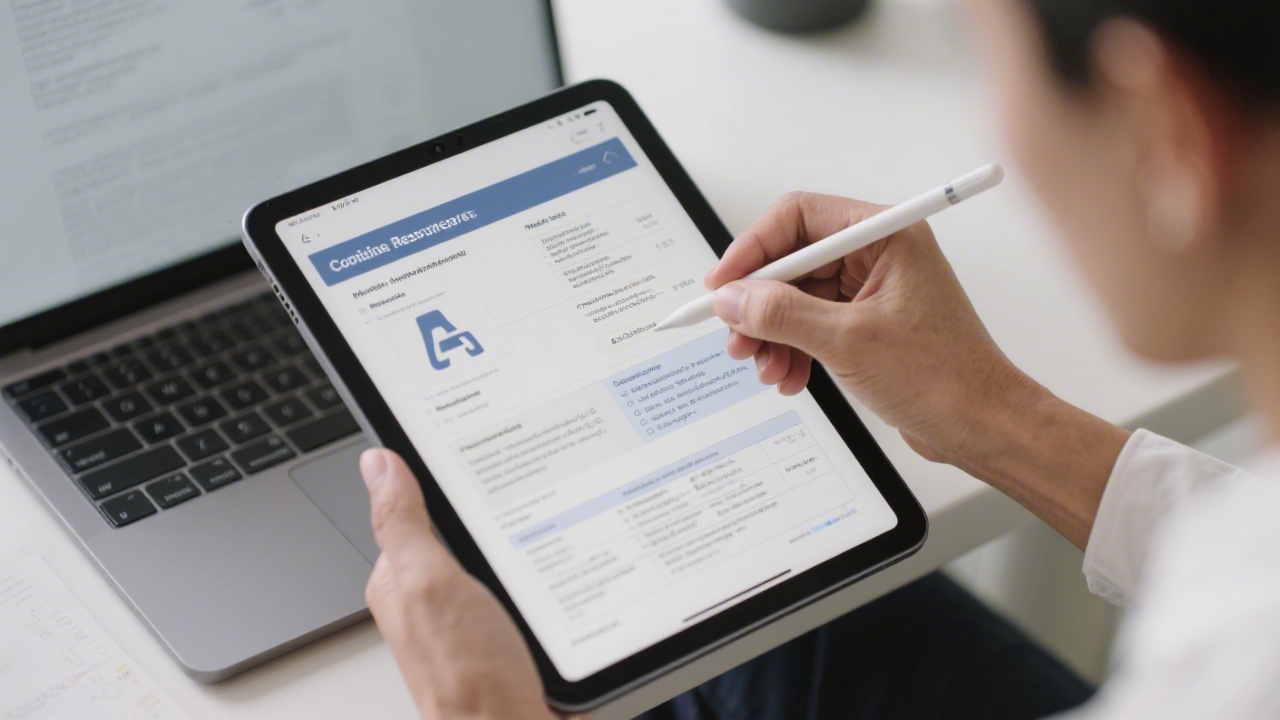 Close-up view of a consultant reviewing accessibility reports on a laptop while highlighting compliance criteria with a stylus on a digital tablet