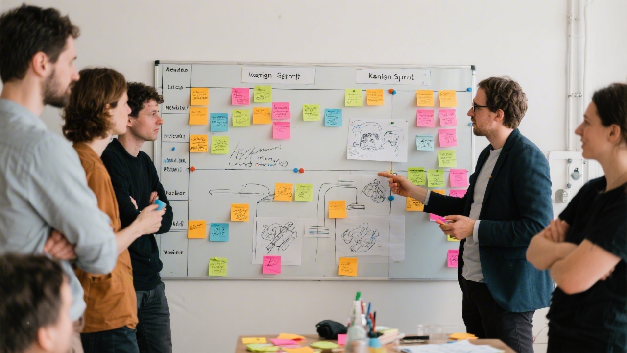 Photograph of a design sprint session with participants standing around a Kanban board covered in colorful sticky notes and sketches while discussing interface flows